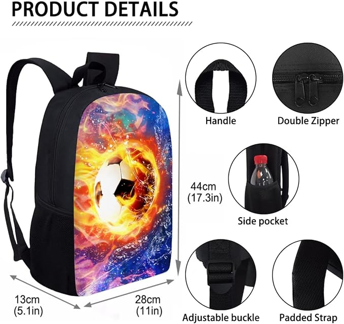 Football School Backpack Set for Children Boys 4 in 1 Football Backpack with Insulated Lunchbox for Kindergarten Elementary Middle Large Capacity Travel Rucksack with Adjustable Strap