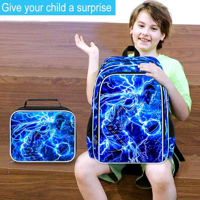 17" Basketball Backpack for Boy, 3Pcs Lightning Bookbag for Elementary Preschool Kindergarten, Kids School Backpacks with Lunch Box (Blue)
