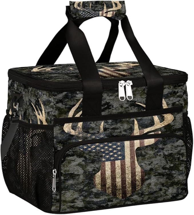 Camouflage Camo Deer American Flag Soft Cooler Bag Insulated Lunch Box for Men & Women, Large Leakproof Lunch Bag Portable Beach Cooler for Work, Picnic, Road Trips,Fishing, Travel, Camping,A-13