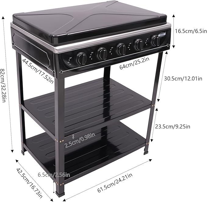 Gas Stove 5 Burner, Portable Natural Gas Stove Outdoor Camping BBQ Stove Gas Cooker with 2 Tier Storage Rack, for RV, Apartment, Outdoor Cooking (Black, 5-Burner)
