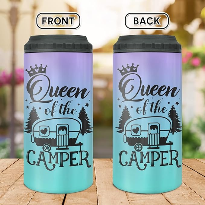 winorax Queen of The Camper Tumbler Can Cooler 4-in-1 Camping Gifts For Campers Woman from Husband Boyfriend Sisters Best Friend Coffee Cup with Lid 12oz Stainless Travel Mug