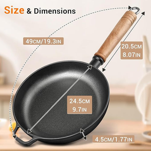 9.7" Cast Iron Skillet with Lid & Removable Wooden Handle, Pre-Seasoned Frying Pan for Stove, Oven, Grill & Campfire Cooking