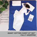 100% Cotton Sleeping Bag Liner with Full Length Zipper on 3 Sides; Single/Double Adult Sleep Sack for Travel & Camping, Multifunctional Travel Sheets (Unzipped 87”x87”) for Hotel, Lightweight