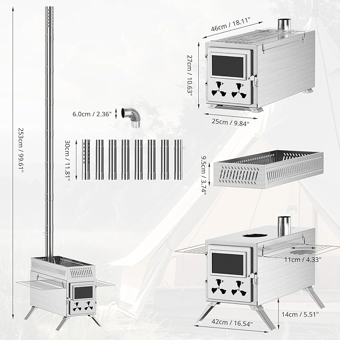Upgraded Wood Burning Sauna Hot Tent Stove, 2 in 1 Tent Wood Burning Stove with Chimney Pipe for Outdoor Camping Heating, Camping, Hunting, Heating, Cooking, Ice Fishing, Boiling Water