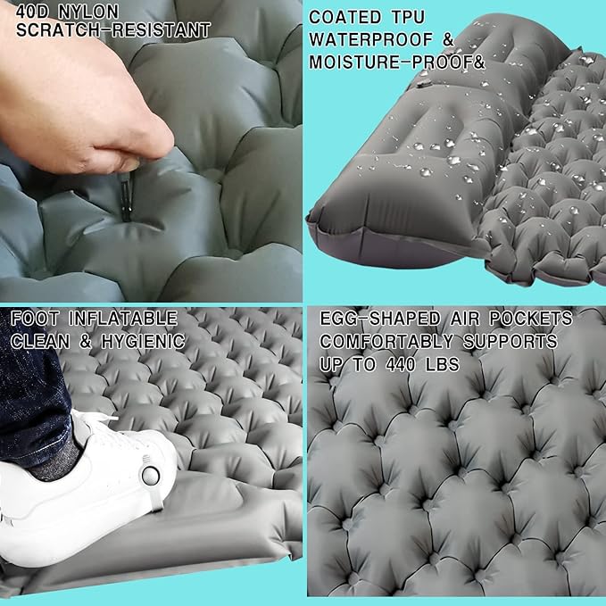 Double Sleeping Pad Camping, Self Inflating 4'' Extra-Thick 2 Person Pillow Built-in Foot Pump Waterproof Inflatable Sleeping Mat Backpacking, Tent, Hiking, Portable Camping Pad (Grey-Full)
