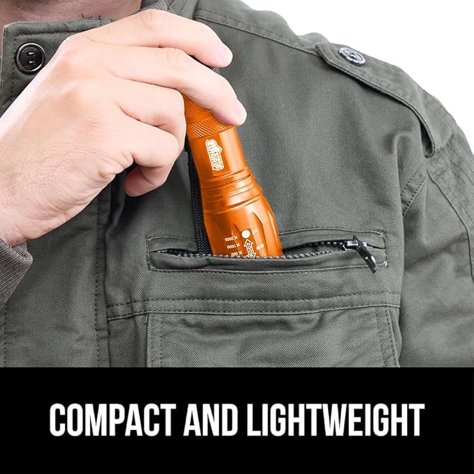 GORILLA GRIP Powerful LED Tactical Flashlight, 750 FT High Lumens 5 Adjustable Modes, Water Resistant, Ultra Bright Zoom Flashlights, Small Mini Flash Light, Camping, Night Dog Walking, 2 Pack Orange