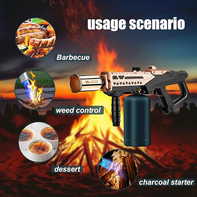 Propane Torch Gun-Powerful Grill Torch Gun, Kitchen Torch Gun with Adjustable Flame, Flamethrower, High Power Cooking Torch for BBQ, Baking, Campfire, Welding (Propane Tank Not Included)