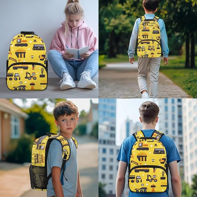 Excavator Backpack with Lunch 2Nd Grade Backpack Boys Lightweight Trendy Kids Bookbag with Lunch Box Boys 4 Piece School Bag for Boys 7-8 Daypack Travel Hiking Outing Camping