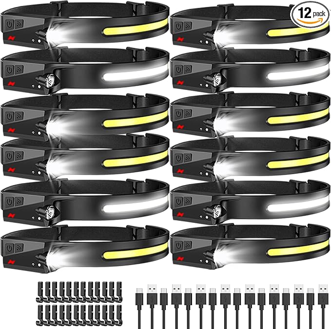 Bud K 12Pack LED Rechargeable Headlamp, 1200-Lumen IPX5 Waterproof Adult Headlamp, 230° Wide Beam, 6 Modes, Lightweight, Ideal for Camping, Hiking, Running, and Cycling