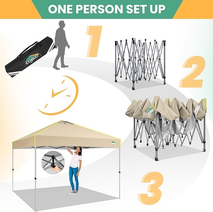 COBIZI 10x10 Pop Up Canopy Tent, Outdoor Party Tent Without Sidewall One Push Setup Glow, 3 Adjustable Height Air Vent Waterproof UPF50+, Bag, 4 Sandbag, 8 Stake, 4 Rope for Beach, Commercial