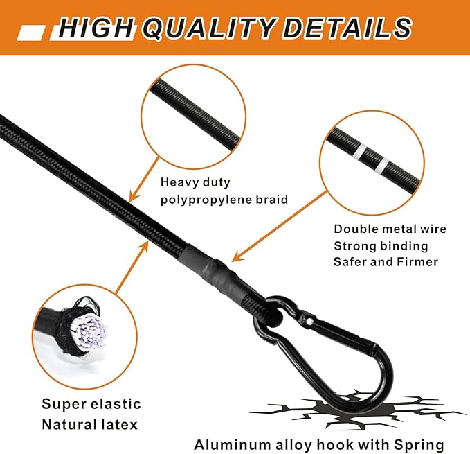 8 Pcs 24in Bungee Cords with Carabiner Hooks Heavy Duty, Outdoor Black Bungee Straps, Strong Industrial Grade Elastic Bungee Rope for Securing Tarps, Luggage, Tents，Bikes or Garden Tidying