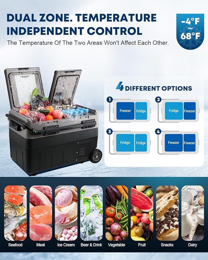 Kohree 12 Volt Car Refrigerator, 42 Quart (40L) Dual Zone Car Fridge, Portable Refrigerator Dual Door -4℉-68℉ Electric Cooler Portable Freezer 12/24V DC and 100-240V AC for RV, Camping, Travel