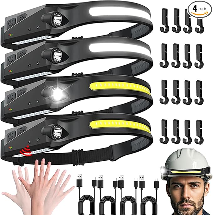 Rechargeable LED Headlamps 4 Pack with Hooks, 230° Wide Beam Head Lamp with Motion Sensor, USB C, IPX6 Waterproof, 5 Light Modes, Hard Hat Compatible Headlight for Adults Camping Hiking Working