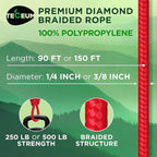 TECEUM Rope – 150 Feet x 1/4 Inch (7mm) – Red – Strong All-Purpose Utility Rope – Camping, Crafting, Flag Pole, Indoor & Outdoor – Polypropylene Nylon Poly Lightweight Diamond Braided Cord