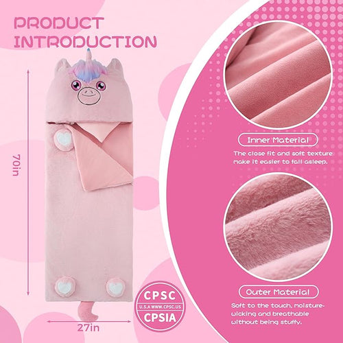 70" 4.2lbs Unicorn Thickened Kids Nap Mat for Preschool, Daycare,Kindergarten,Soft Washable for Boys and Girls, 2-in-1 Stuffed Animals Sleeping Bag and Pillow, Sleep Sack for Toddlers