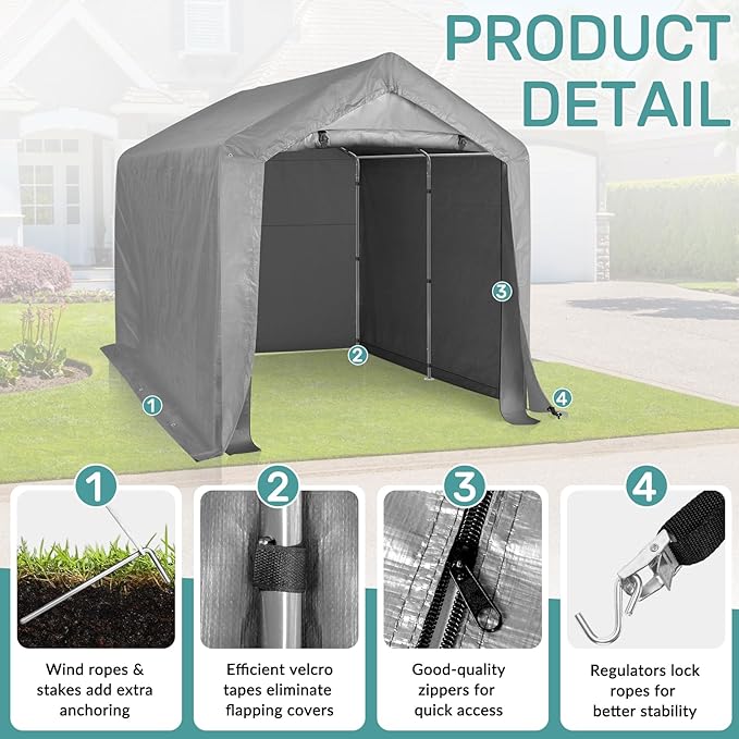 VINGLI Outdoor Portable Storage Shed, Heavy Duty Bike Tent with Roll-up Zipper Door, Waterproof and UV Resistent Carport for Motorcycle, Garden Tools and Firewood (Gray, 8x8x6.7 FT)