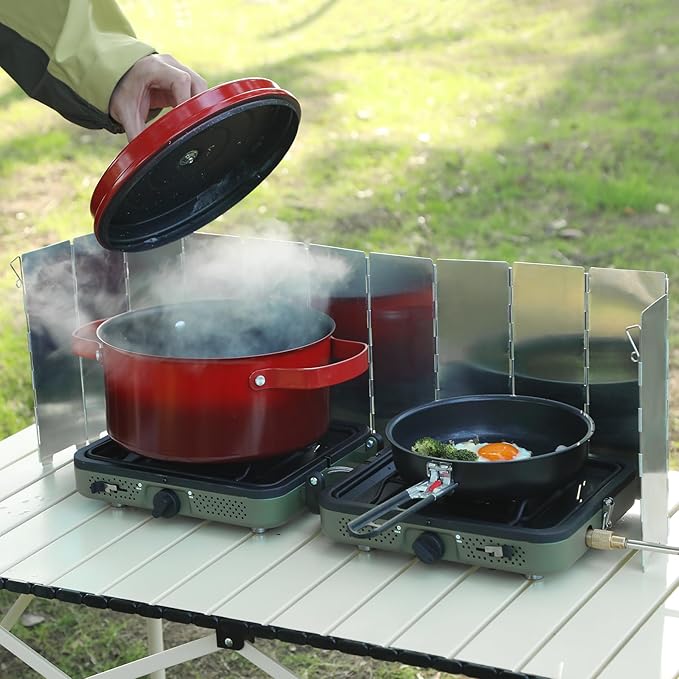 2 Burner Camping Stove with Windscreen, Portable Folding Gas Stove with 17200 BTU Adjustable Burners,12 Plates Foldable Aluminum Camping Stove Windshield, Suitable for Propane & Butane