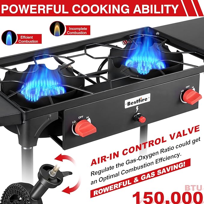 Bestfire 2 burner Camping Stove with Auto Ignition Button,Side Shelves & Regulator150,000 BTU High Pressure Gas Stove Propane Burner With Removable Legs for Outdoor BBQ&Backyard Cooking Camping Home
