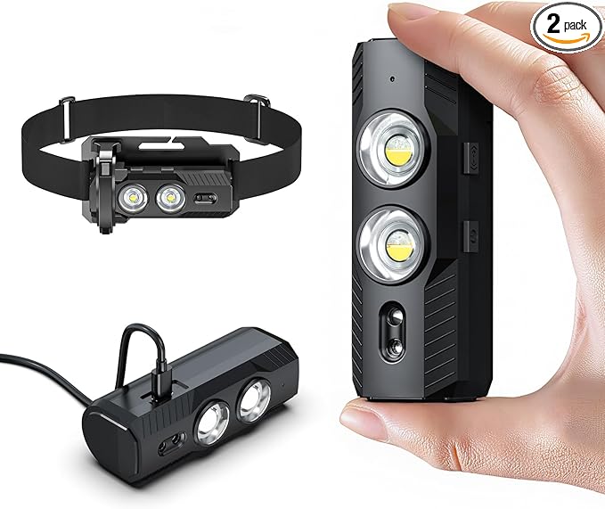 LED Rechargeable Mini Flashlights with Magnet 2PCS 1800L Headlamp Rechargeable with White & Red Light, 5 Lighting Modes Angle Adjustable Motion Sensor for Outdoor, Camping, Hiking, Working