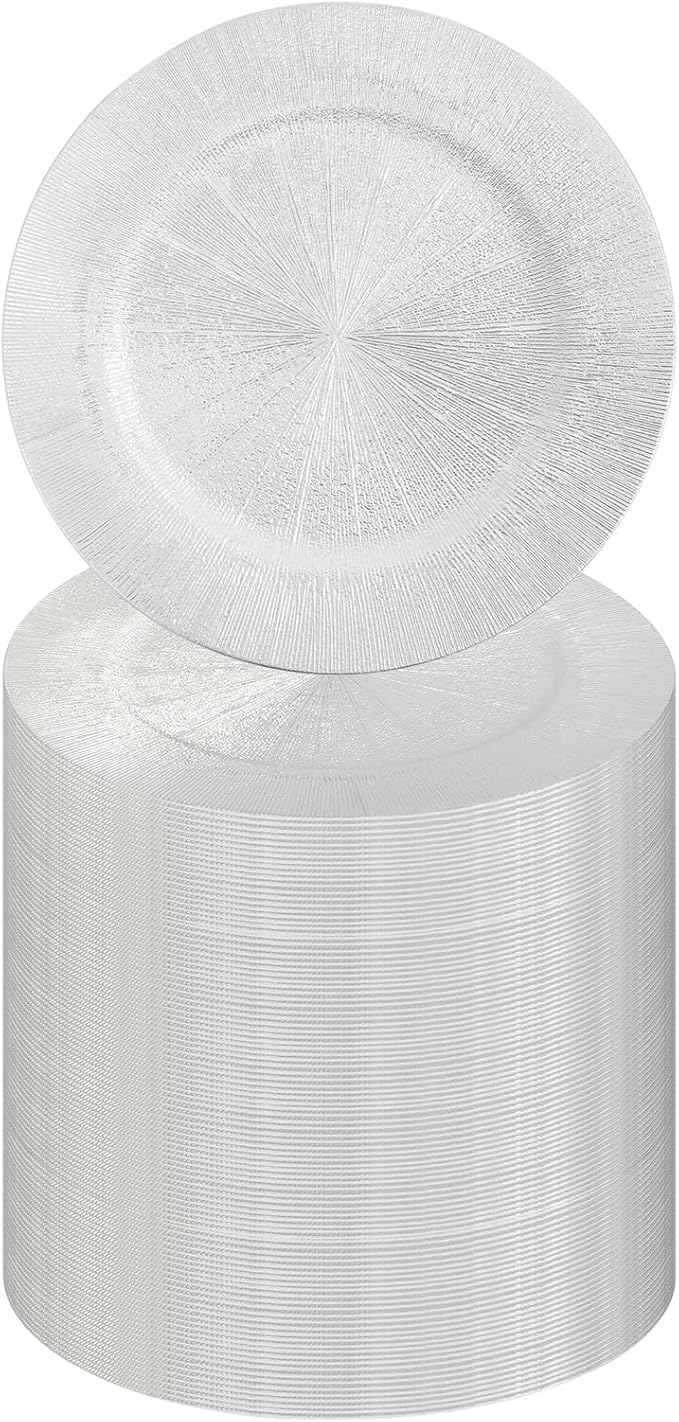 DYRABREST 100 Pcs 13 Inch Charger Plates, Bulk Round Charger Plates Plastic Wedding Dinner Elegant Reusable for Table Setting Wedding Party Event Tabletop Setting Decor (Silver)