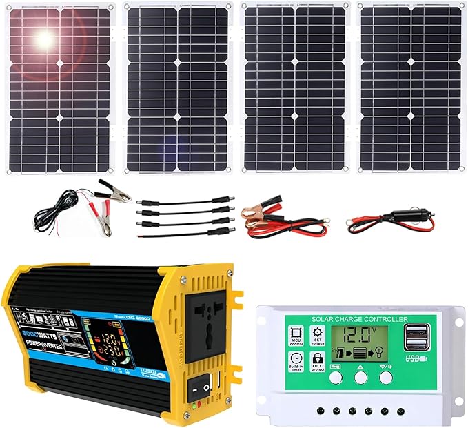 100W Monocrystalline Solar Panel Kit with Lightweight Inverter for RV, Camping, and Boat(Black,100W)