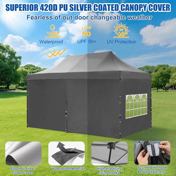 Yesker 10x20 Pop Up Canopy Tent with Sidewalls Instant Outdoor Canopy, Waterproof & UV Protection, Easy Setup Adjustable Height Heavy Duty Shelter Gazebo Tent for Patio Backyard Party Events, Gray