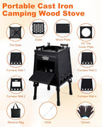 Portable Wood Burning Stove - Lightweight Cast Iron Camp Stove for Backpacking，A Small Size 8.9in * 8.9in * 8.7in Backpacking Camping Stove Kit (Black, Small)