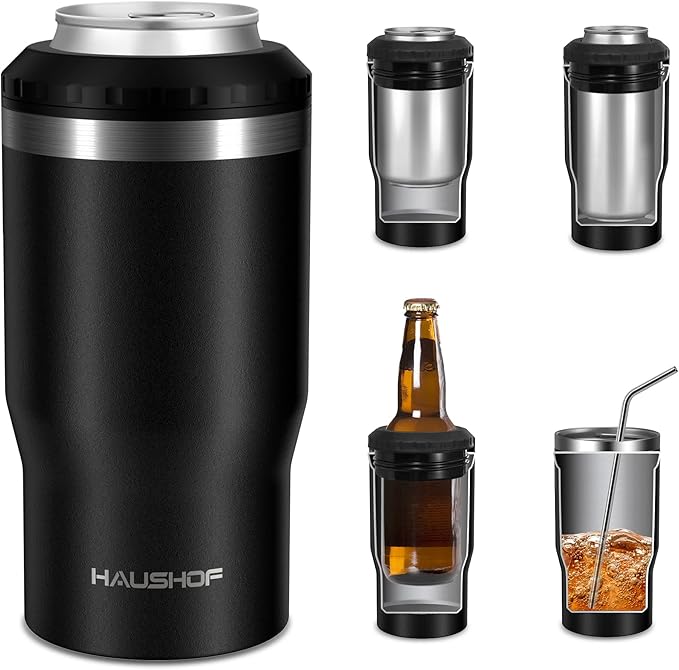 HAUSHOF 12 oz Can Cooler, 4 in 1 Insulated Stainless Steel Can Insulator, Fits for 12 oz Standard Can| Slim Can|12 oz Beer Bottle, Perfect for Camping, Beach, Picnic