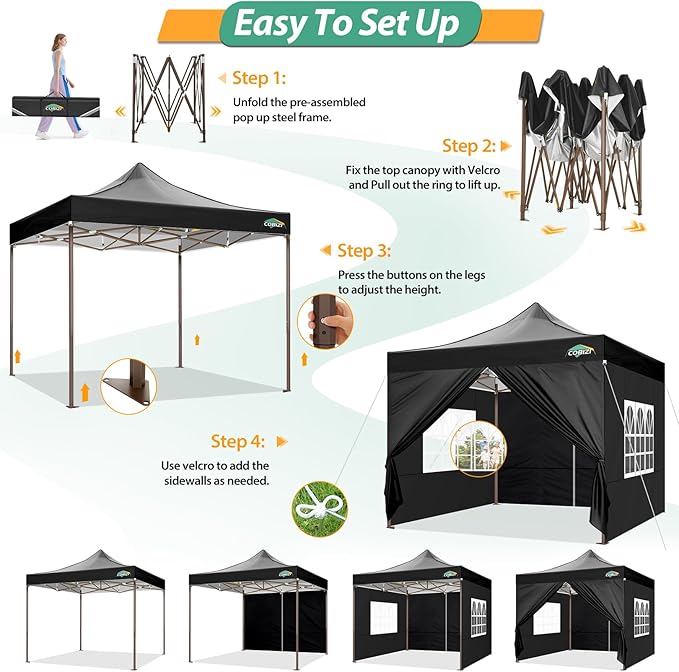 COBIZI 10x10 Pop Up Canopy Tent Heavy Duty with 4 Sidewalls, Commercial Easy Up Instant Canopy Outdoor for Events Party Wedding, All Weather Waterproof UV 50+ with Carry Bag (Leg Upgraded), Black