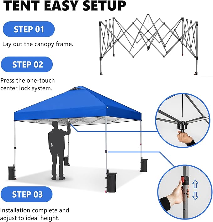 Sweetcrispy 10x10ft Pop Up Canopy Tent with 1-Person One Push Setup, Instant Portable Outdoor Shelter for Beach, Events, Camping – Includes Rolling Carry Bag, Blue