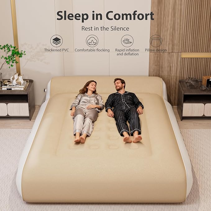 16" Queen Air Mattress Full with Built in Pump for Camping,Portable Blow up Mattress with Carry Bag,High-Speed Pump,Luxury Inflatable Mattress Comfort Flocked Airbed for Guest,Home(Khaki)