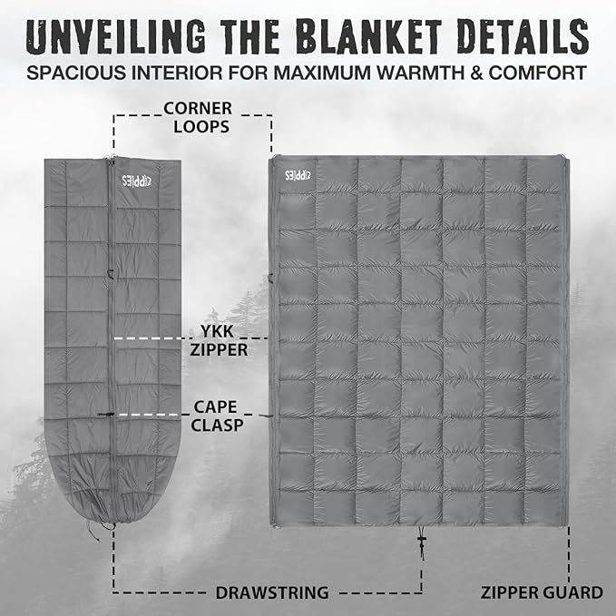 3M Thinsulate Insulation Puffy Camping Blanket for Cold Weather, Queen Size Warm Camping Quilt with Zipper, Waterproof Outdoor Sleeping Bag for Hammock, Cozy & Versatile Gift for Men and Women