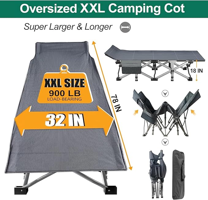 LILYPELLE Folding Camping Cot W/Mattress,XXL Cot Bed, Heavy Duty Wide Camping Cots for Adults, Portable Sleeping Cots Bed for Travel Camping/Office, Home Nap