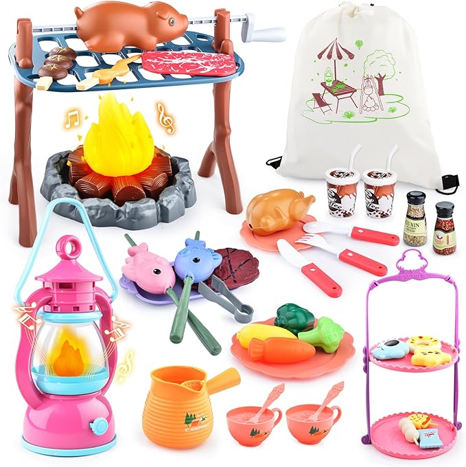 Kids Camping Toys Set 50 PCS with Campfire, BBQ Grill, Food Toy and Lantern Kids Camping Gear with Storage Bag for Pretend Play, Outdoor Indoor Learning, Christmas Birthday Gift for Toddlers Ages 3-5