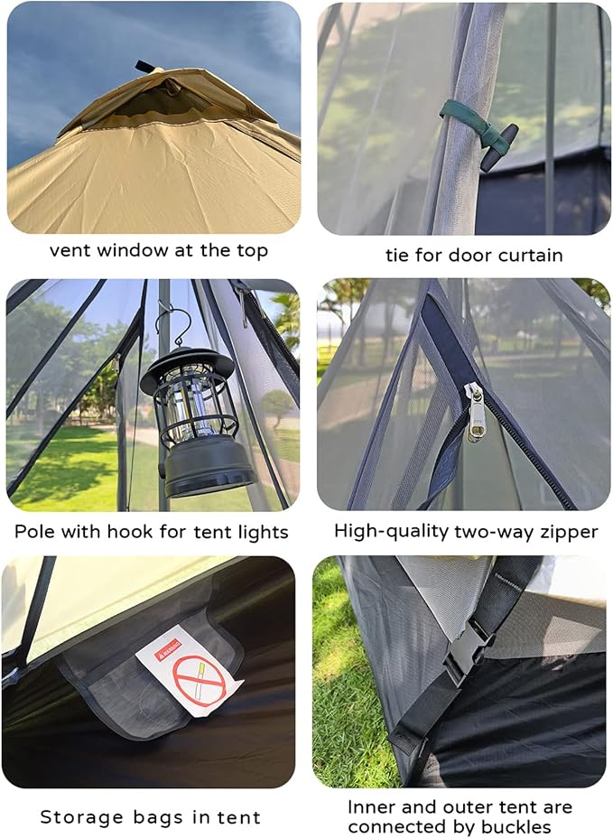 Large Space Pyramid Tipi Tent Ultralight Family Camping Tent Windproof Outdoor Teepee Tent for Adults 4 Person Double Layer Tents, Black
