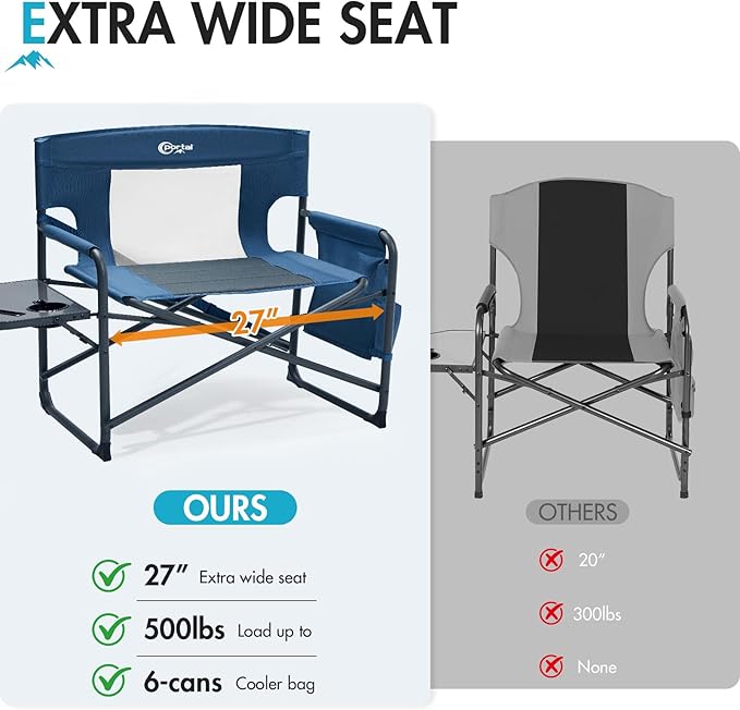 Portal 27" Oversized Director Camping Chair with Cooler, Heavy Duty Folding Chair for Adults Supports 500 LBs, Portable Outdoor Chairs for Outside Sports, Camping, Concert