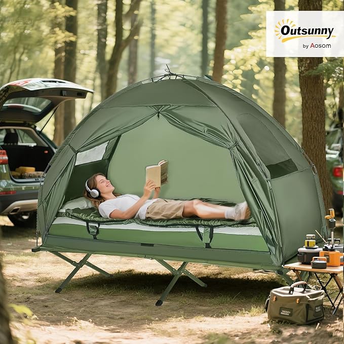 Camping Tent Cot, 4-in-1 Folding Tent Cot Combo with Mattress, Pillow, Sleeping Bag, Roller Carrying Bag, Off Ground Travel Camp Cot for Hiking, Backpacking, Picnic