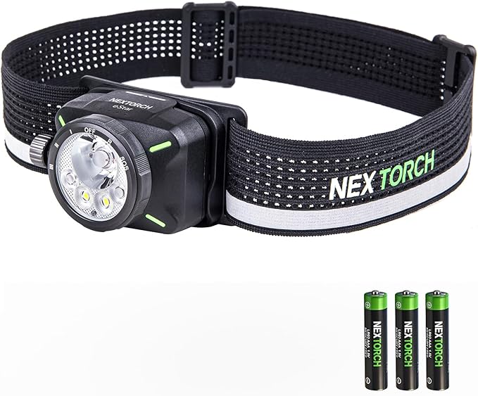 NEXTORCH eStar 1300 Lumens Headlamp Rechargeable, Running LED Headlight Extra Lightweight with Spot & Flood, Red Light, Waterproof Headband for Outdoor Camping Hiking Working, 3*AAA Batteries, Black