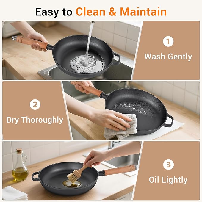 8.7" Cast Iron Skillet with Lid & Removable Wooden Handle, Pre-Seasoned Frying Pan for Stove, Oven, Grill & Campfire Cooking