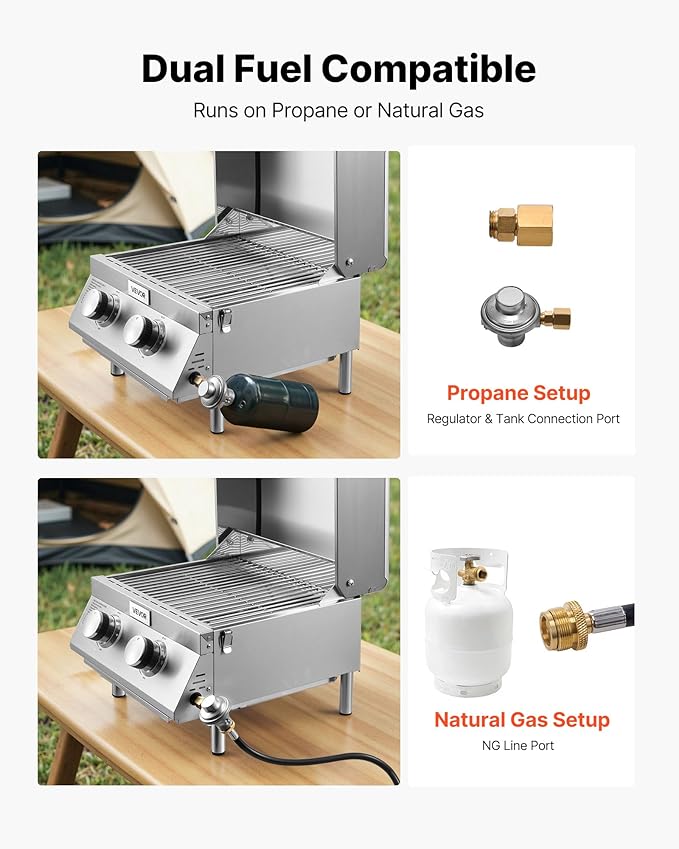 VEVOR Tabletop Gas Grill, 2-Burner Stainless Steel Portable Propane Grill, with Built-in Thermometer, Travel Locks, Weatherproof Lid, 15,000 BTU Total, for Outdoor Cooking, Patio, Party, Camping, RV