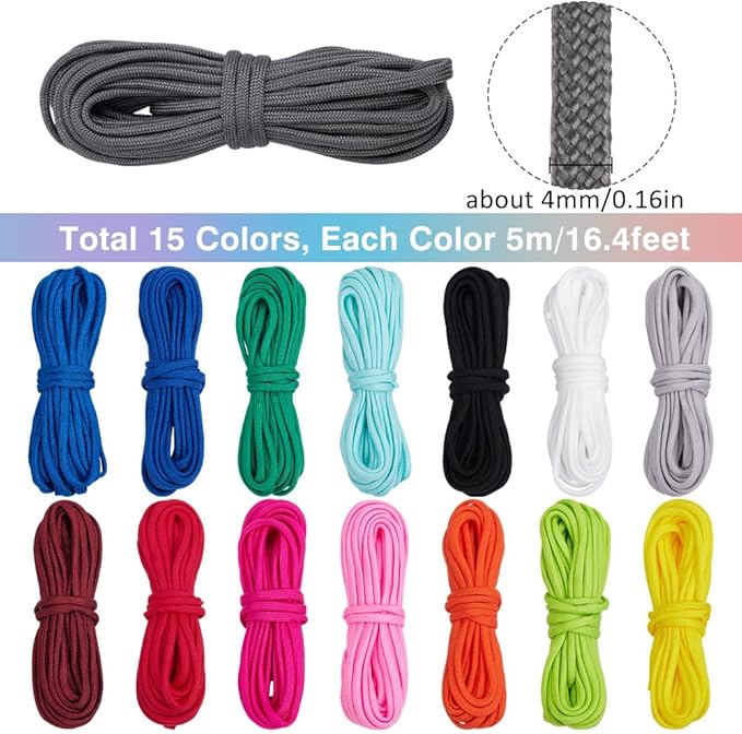 82 Yards/75M 15 Colors Parachute Rope 4mm Paracord Combo Pack Utility 7 Strand Core Nylon Outdoor Survival para Cord with Spool for Camping Fishing Tents Belts Bracelets Dog Collar Leashes
