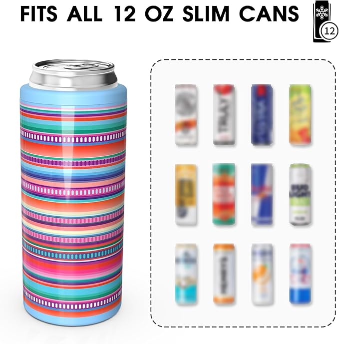 TILUCK Skinny Can Cooler for Slim Beer & Hard Seltzer, Stainless Steel, Doucle-Walled Stainless Steel Insulated Slim Cans, Standard 12 oz (Colorful Stripes)