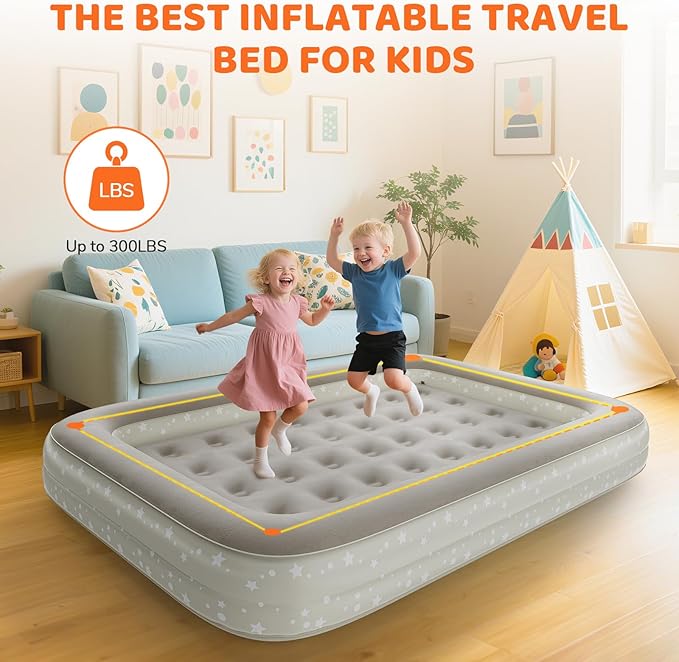 Inflatable Toddler Travel Bed: Portable Blow Up Travel Toddler Bed with Safety Sides - Toddler Air Mattress with Electric Pump ＆ Carry Bag,Ideal for Sleeping and Outdoor Camping (Beige, 60")