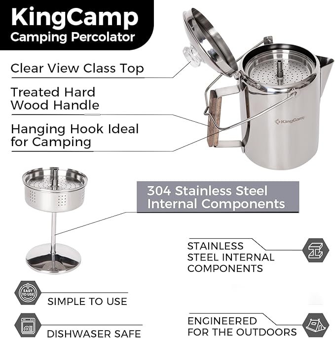 KingCamp Percolator Coffee Pot Campfire Coffee Boiler Kettle 304 Stainless Steel with Wood Handle for Outdoor Camping Cookware, Cabin, RV, Kitchen, Hunting & Backpacking, NO Aluminum or Plastic 12 Cup
