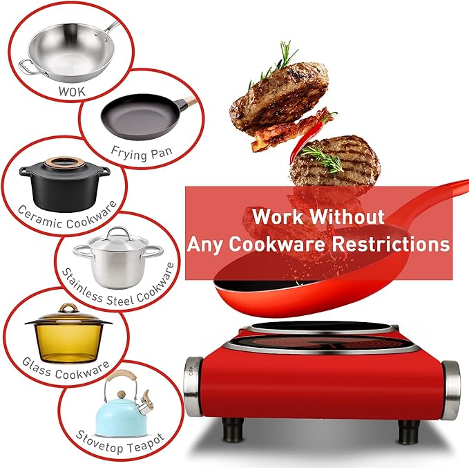 Techwood Double Hot Plates for Cooking, 1800W Electric Stove Infrared Ceramic Countertop Burner with Dual Adjustable Temperature & Glass Cooktop for Home/RV/Camp, Compatible for All Cookwares, Red