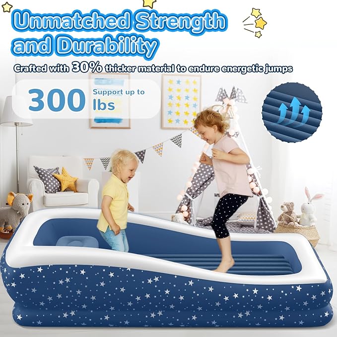 Inflatable Toddler Travel Bed: Portable & Safety - Blow Up Toddler Bed Travel with 4 Sides - Kids Air Mattress Ideal for Outdoor Camping - Easy to Inflate Deflate and Clean (67”, Blue)