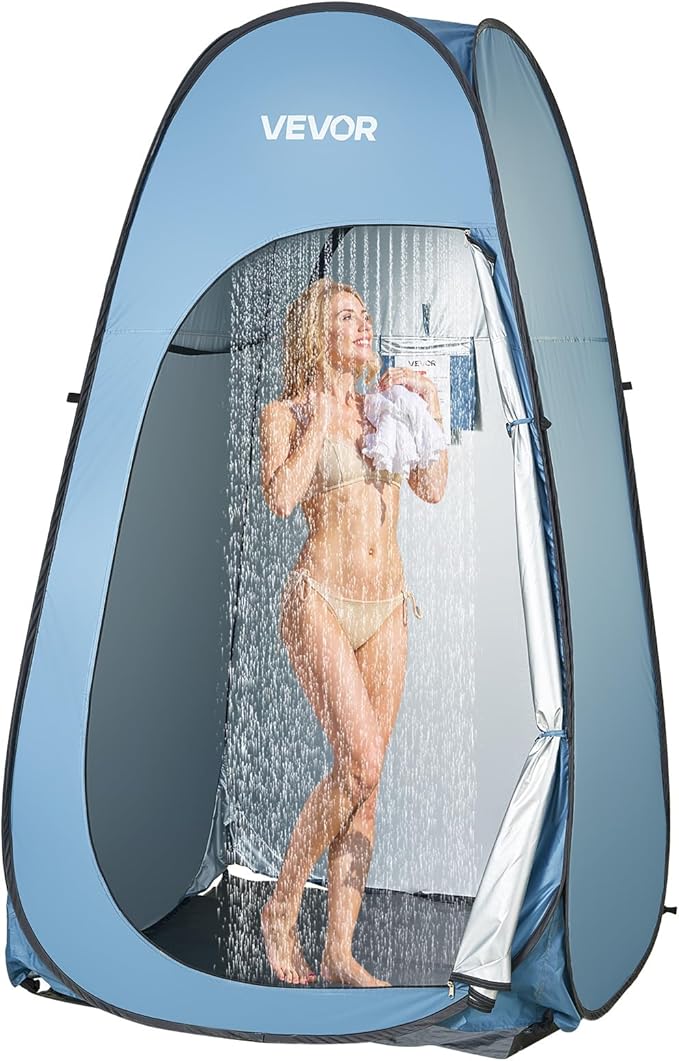 VEVOR Pop up Shower Tent, Instant Portable Privacy Tent Changing Room with Shower Bag, Ground Stakes, Ropes, Carry Bag, 190T Polyester with Silver Coating, Quick Setup, for Camping, Beach, Fishing