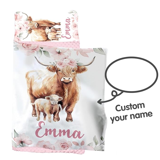 Custom Toddler Nap Mat for Preschool, Personalized Name Highland Cow Design Kids Sleeping Bag for Daycare, Roll Up Sleeping Mat with Removable Pillow and Soft Dot Minky Blanke for Girls Camping