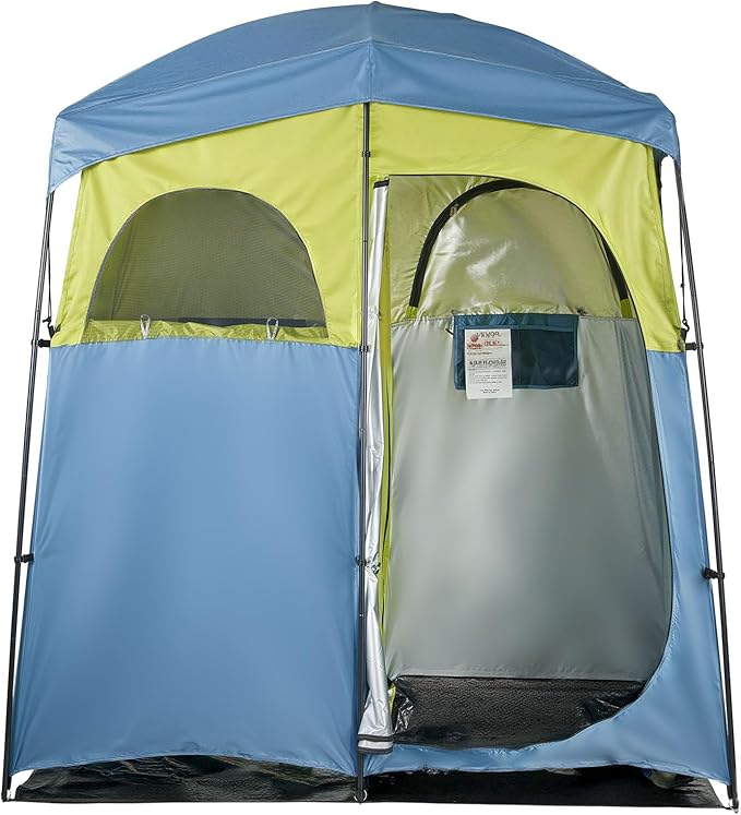 VEVOR Camping Shower Tent, 2-Room Portable Privacy Tent Changing Room with Shower Bag, Ground Stakes, Ropes, Carry Bag, and Support Poles, 150D Oxford Fabric with Silver Coating, for Camping, Fishing