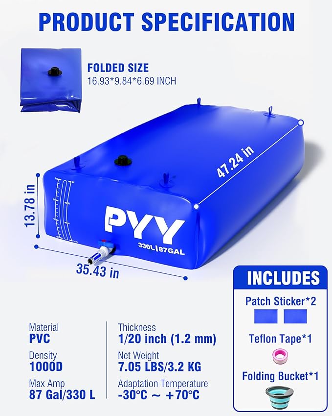 PYY Water Storage Bladder - 87 Gallon/330L Foldable Portable Water Bladder Tank with Spigot - Large Water Bob Bathtub Emergency Water Bladders for Outdoor RV Car Camping,Overflow Kit Blue